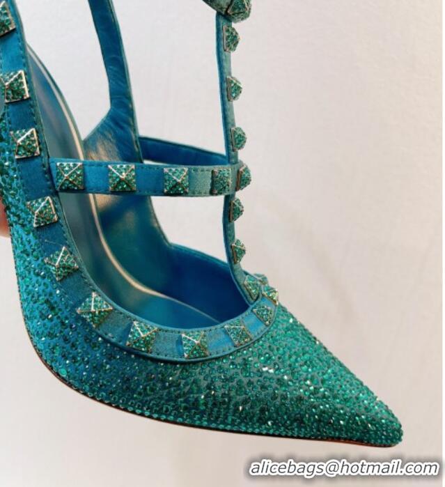 Shop Duplicate Valentino Rockstu Ankle Strap Heel Pumps 9.5cm with Crystals Peacock green 0323073