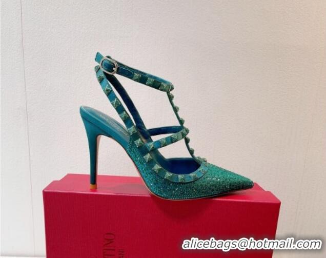 Shop Duplicate Valentino Rockstu Ankle Strap Heel Pumps 9.5cm with Crystals Peacock green 0323073