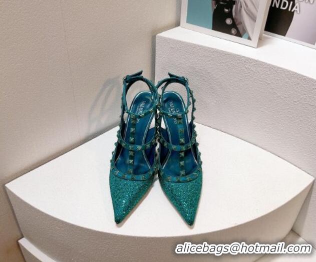 Shop Duplicate Valentino Rockstu Ankle Strap Heel Pumps 9.5cm with Crystals Peacock green 0323073