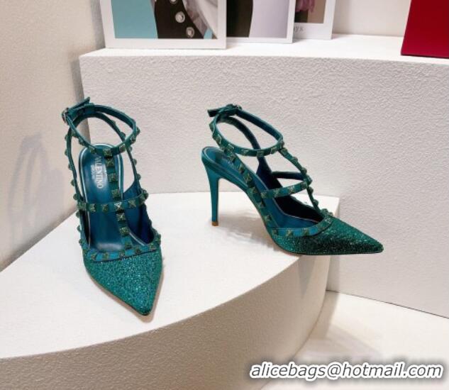 Shop Duplicate Valentino Rockstu Ankle Strap Heel Pumps 9.5cm with Crystals Peacock green 0323073