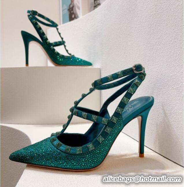 Shop Duplicate Valentino Rockstu Ankle Strap Heel Pumps 9.5cm with Crystals Peacock green 0323073