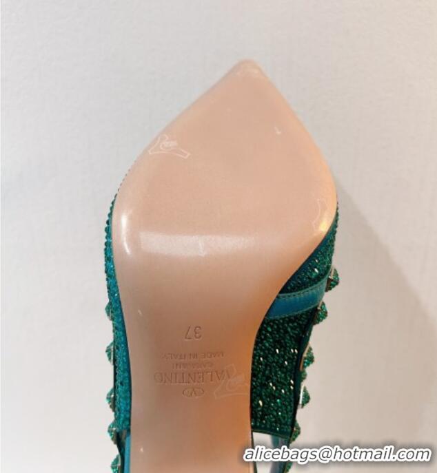 Shop Duplicate Valentino Rockstu Ankle Strap Heel Pumps 9.5cm with Crystals Peacock green 0323073