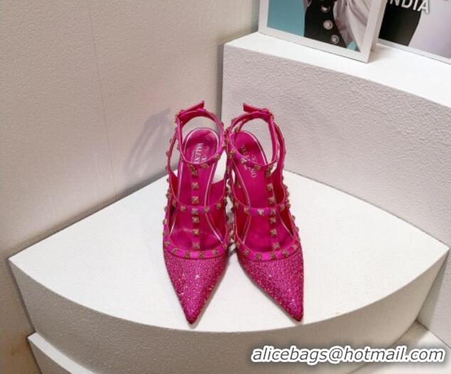 Good Looking Valentino Rockstu Ankle Strap Heel Pumps 9.5cm with Crystals Dark Pink 0323074