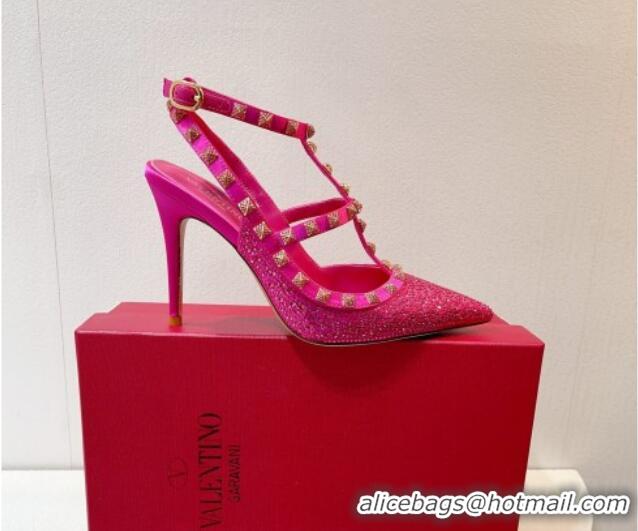 Good Looking Valentino Rockstu Ankle Strap Heel Pumps 9.5cm with Crystals Dark Pink 0323074