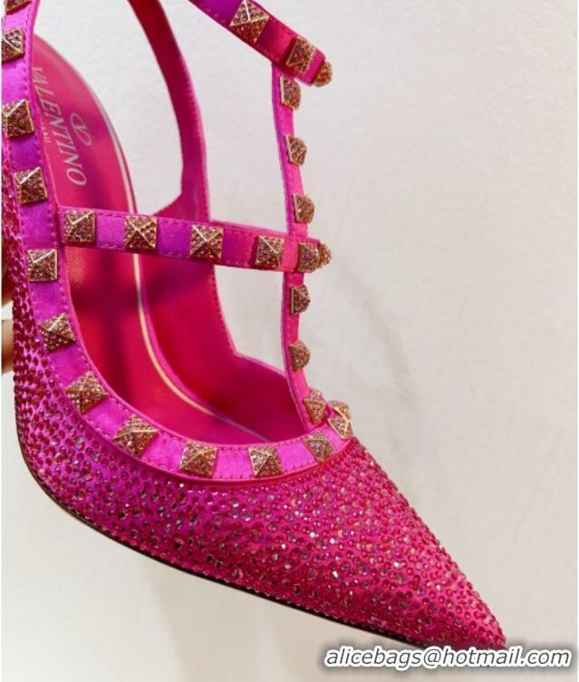 Good Looking Valentino Rockstu Ankle Strap Heel Pumps 9.5cm with Crystals Dark Pink 0323074