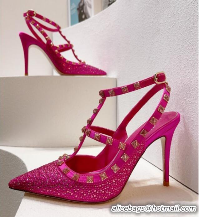 Good Looking Valentino Rockstu Ankle Strap Heel Pumps 9.5cm with Crystals Dark Pink 0323074