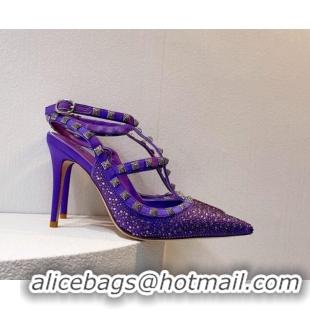 Pretty Style Valentino Rockstu Ankle Strap Heel Pumps 9.5cm with Crystals Purple 0323075