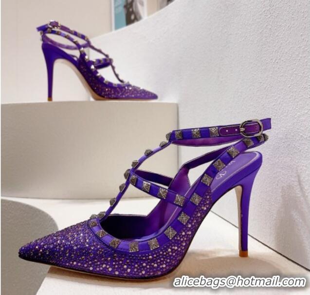 Pretty Style Valentino Rockstu Ankle Strap Heel Pumps 9.5cm with Crystals Purple 0323075