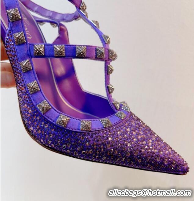 Pretty Style Valentino Rockstu Ankle Strap Heel Pumps 9.5cm with Crystals Purple 0323075