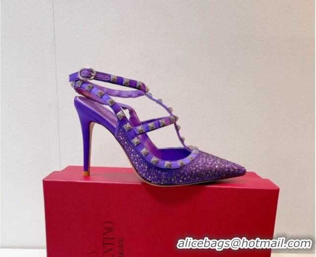 Pretty Style Valentino Rockstu Ankle Strap Heel Pumps 9.5cm with Crystals Purple 0323075