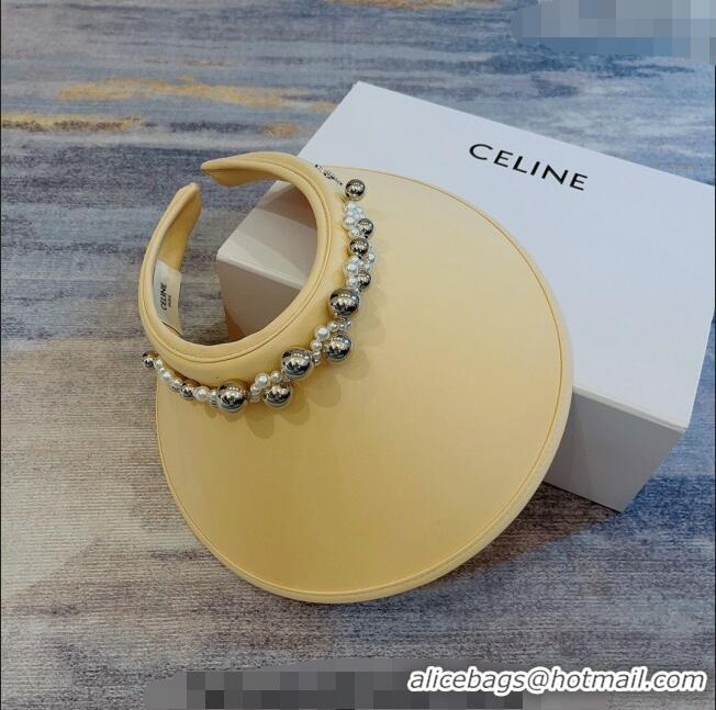 Top Quality Celine Visor Straw Hat with Metal Ball and Pearls CE0821 Yellow 2023