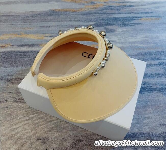 Top Quality Celine Visor Straw Hat with Metal Ball and Pearls CE0821 Yellow 2023