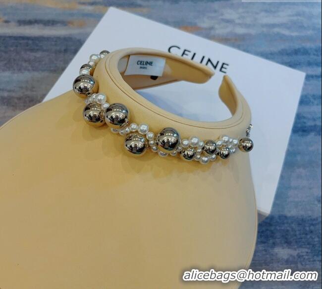 Top Quality Celine Visor Straw Hat with Metal Ball and Pearls CE0821 Yellow 2023