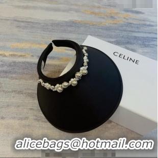 Luxury Discount Celine Visor Straw Hat with Metal Ball and Pearls CE0821 Black 2023