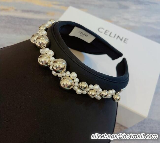 Luxury Discount Celine Visor Straw Hat with Metal Ball and Pearls CE0821 Black 2023