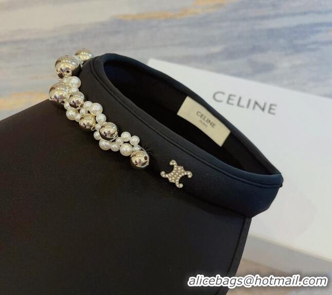 Luxury Discount Celine Visor Straw Hat with Metal Ball and Pearls CE0821 Black 2023