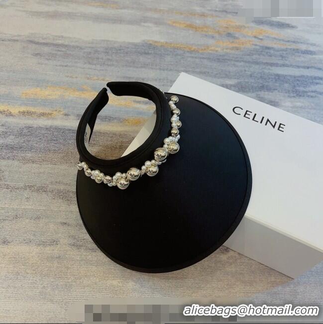 Luxury Discount Celine Visor Straw Hat with Metal Ball and Pearls CE0821 Black 2023