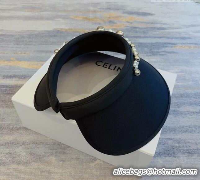 Luxury Discount Celine Visor Straw Hat with Metal Ball and Pearls CE0821 Black 2023