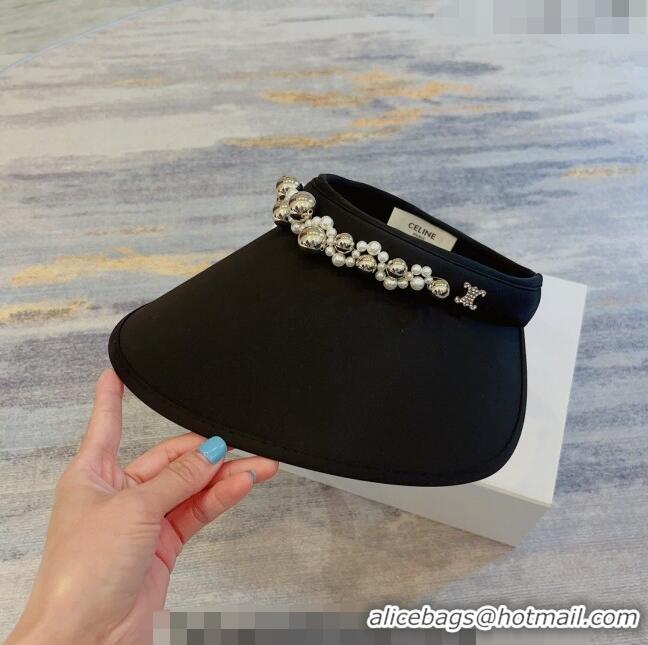 Luxury Discount Celine Visor Straw Hat with Metal Ball and Pearls CE0821 Black 2023