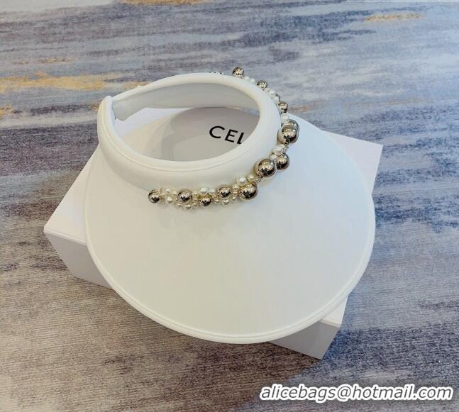 Promotional Celine Visor Straw Hat with Metal Ball and Pearls CE0821 White 2023