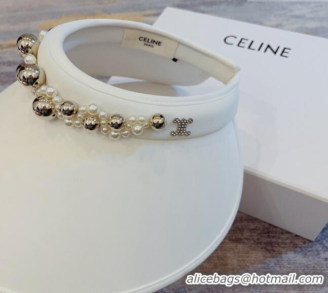 Promotional Celine Visor Straw Hat with Metal Ball and Pearls CE0821 White 2023