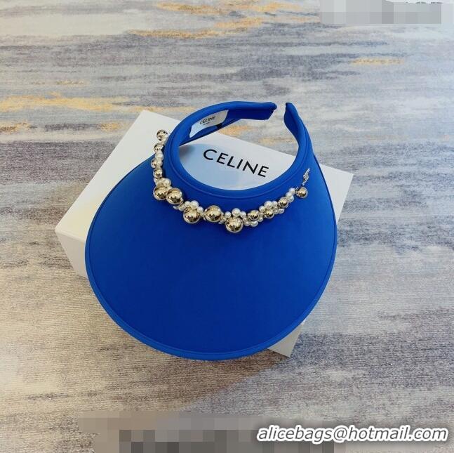 Good Taste Celine Visor Straw Hat with Metal Ball and Pearls CE0821 Blue 2023