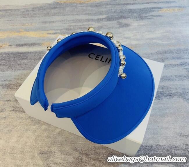 Good Taste Celine Visor Straw Hat with Metal Ball and Pearls CE0821 Blue 2023