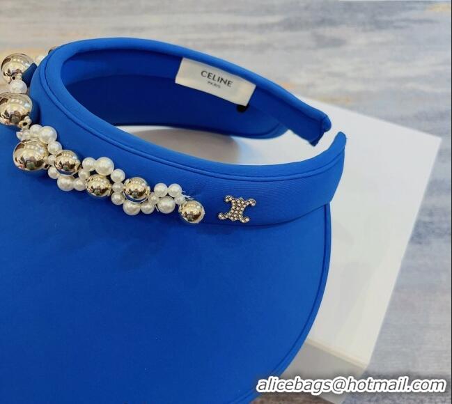 Good Taste Celine Visor Straw Hat with Metal Ball and Pearls CE0821 Blue 2023