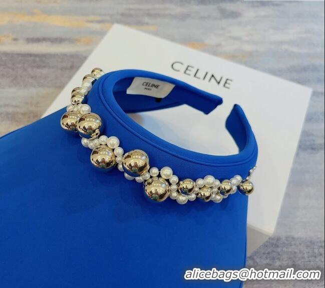 Good Taste Celine Visor Straw Hat with Metal Ball and Pearls CE0821 Blue 2023