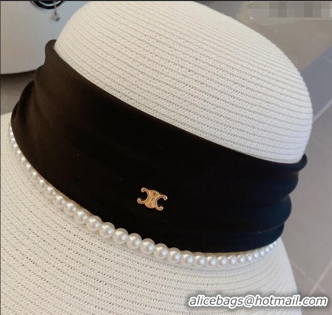 Well Crafted Celine Straw Bucket Hat with Pearls and Bow 030829 White 2023