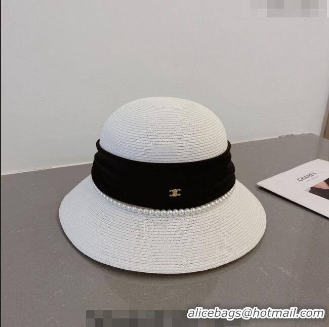 Well Crafted Celine Straw Bucket Hat with Pearls and Bow 030829 White 2023