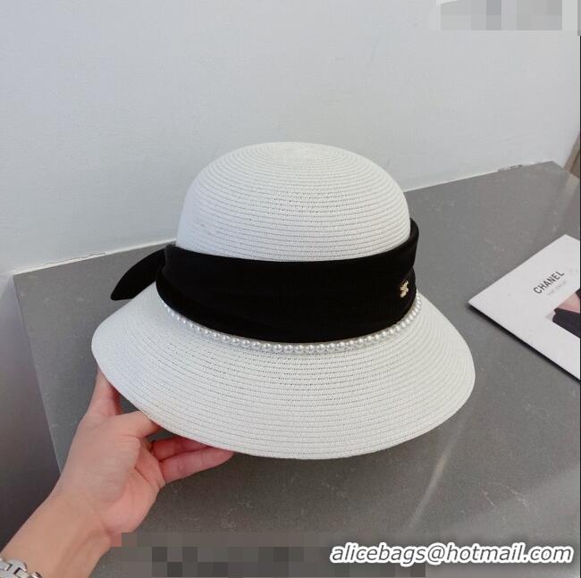 Well Crafted Celine Straw Bucket Hat with Pearls and Bow 030829 White 2023