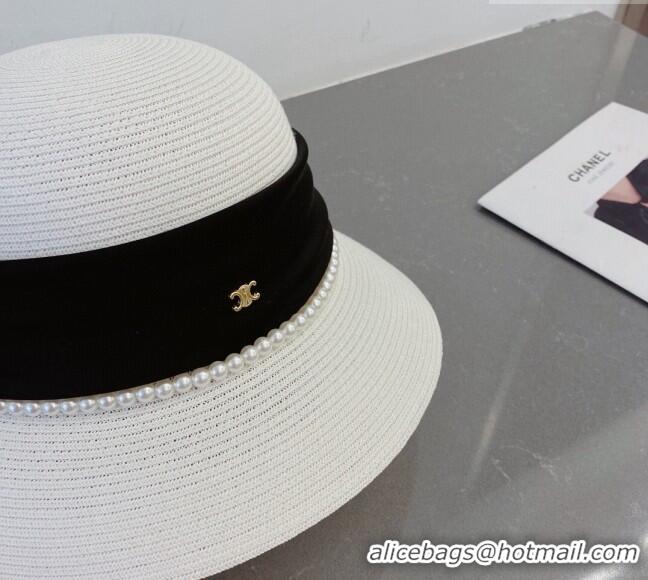 Well Crafted Celine Straw Bucket Hat with Pearls and Bow 030829 White 2023