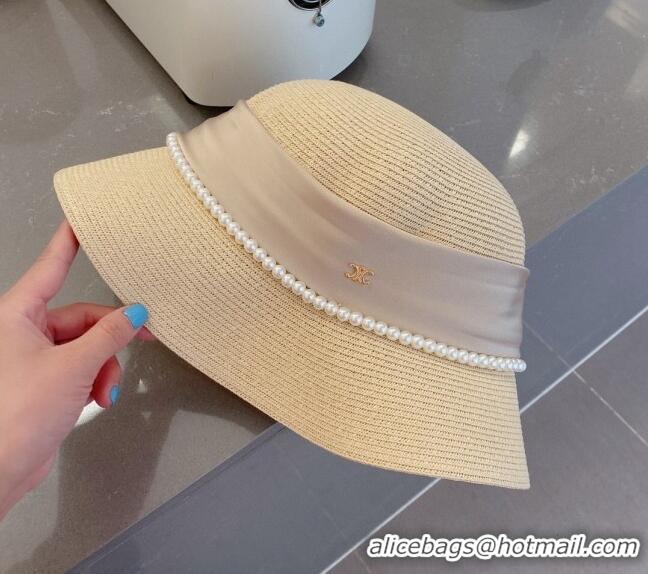 Most Popular Celine Straw Bucket Hat with Pearls and Bow 030829 Beige 2023