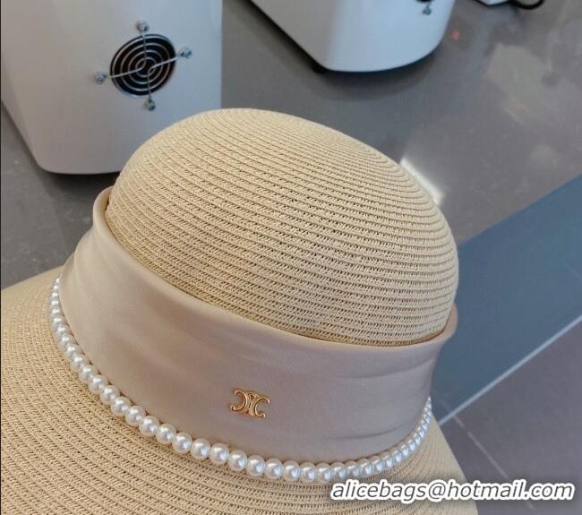 Most Popular Celine Straw Bucket Hat with Pearls and Bow 030829 Beige 2023