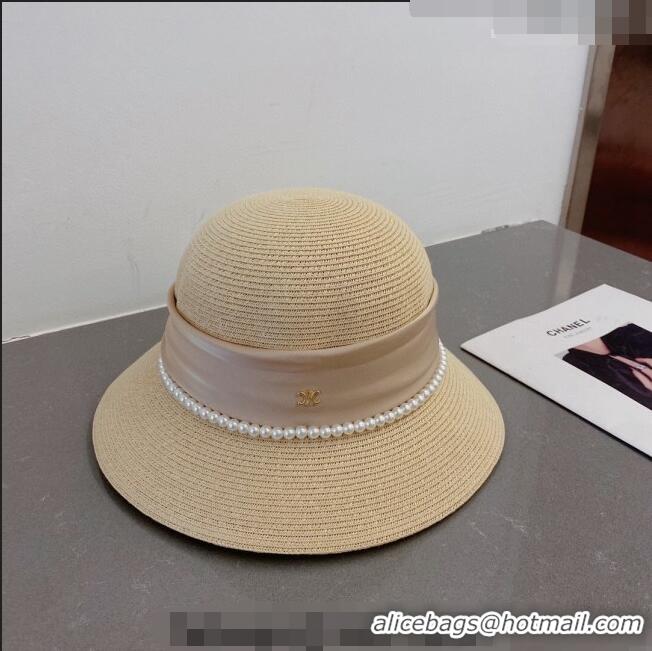 Most Popular Celine Straw Bucket Hat with Pearls and Bow 030829 Beige 2023