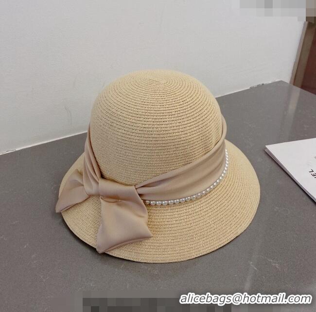 Most Popular Celine Straw Bucket Hat with Pearls and Bow 030829 Beige 2023