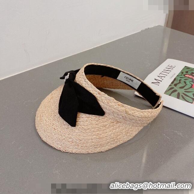 Buy Cheapest Celine Visor Straw Hat with Bow 030831 Beige/Black 2023