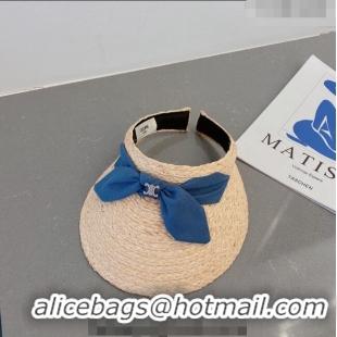 Buy Discount Celine Visor Straw Hat with Bow 030831 Beige/Blue 2023