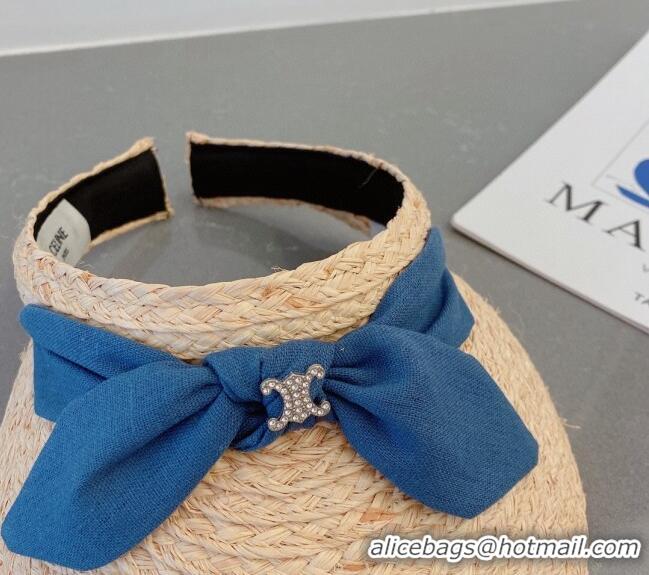 Buy Discount Celine Visor Straw Hat with Bow 030831 Beige/Blue 2023