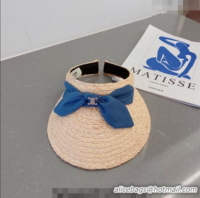 Buy Discount Celine Visor Straw Hat with Bow 030831 Beige/Blue 2023