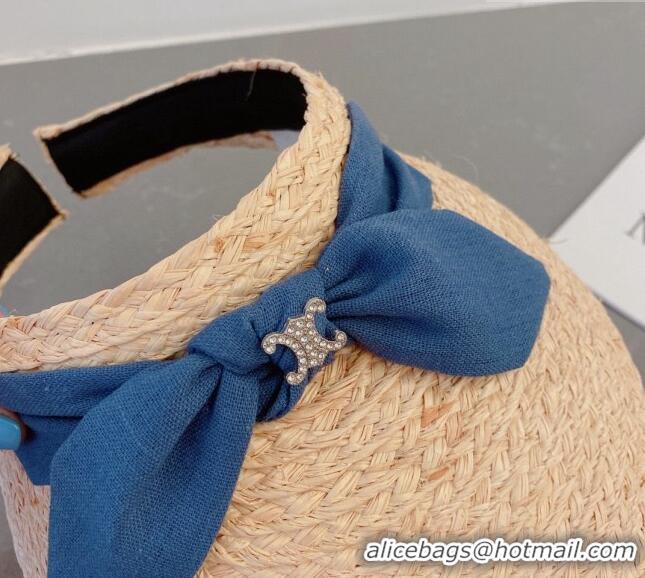 Buy Discount Celine Visor Straw Hat with Bow 030831 Beige/Blue 2023