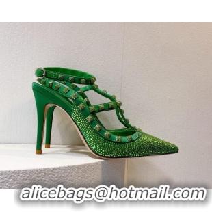 Best Grade Valentino Rockstu Ankle Strap Heel Pumps 9.5cm with Crystals Bright Green 0323076