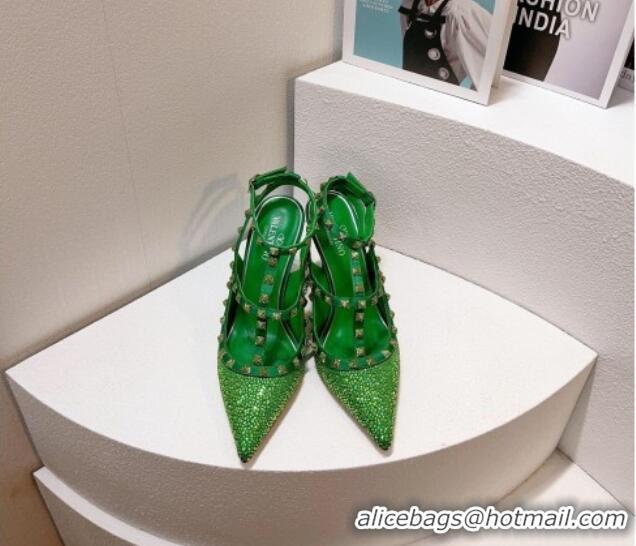 Best Grade Valentino Rockstu Ankle Strap Heel Pumps 9.5cm with Crystals Bright Green 0323076