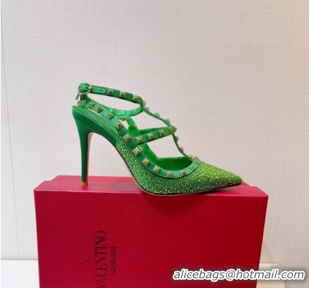 Best Grade Valentino Rockstu Ankle Strap Heel Pumps 9.5cm with Crystals Bright Green 0323076