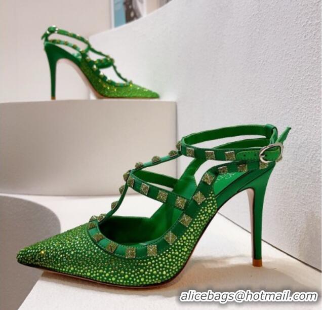 Best Grade Valentino Rockstu Ankle Strap Heel Pumps 9.5cm with Crystals Bright Green 0323076