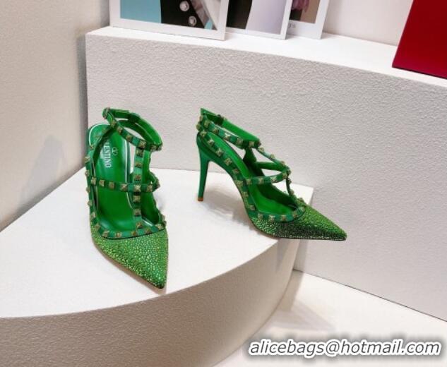 Best Grade Valentino Rockstu Ankle Strap Heel Pumps 9.5cm with Crystals Bright Green 0323076