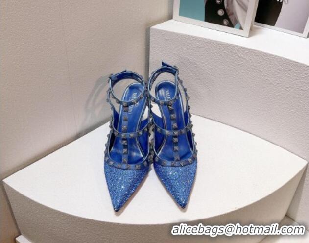 Best Price Valentino Rockstu Ankle Strap Heel Pumps 9.5cm with Crystals Light Blue 0323077