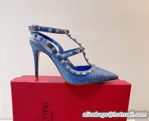 Best Price Valentino Rockstu Ankle Strap Heel Pumps 9.5cm with Crystals Light Blue 0323077