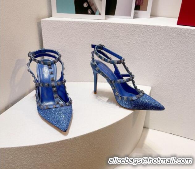 Best Price Valentino Rockstu Ankle Strap Heel Pumps 9.5cm with Crystals Light Blue 0323077